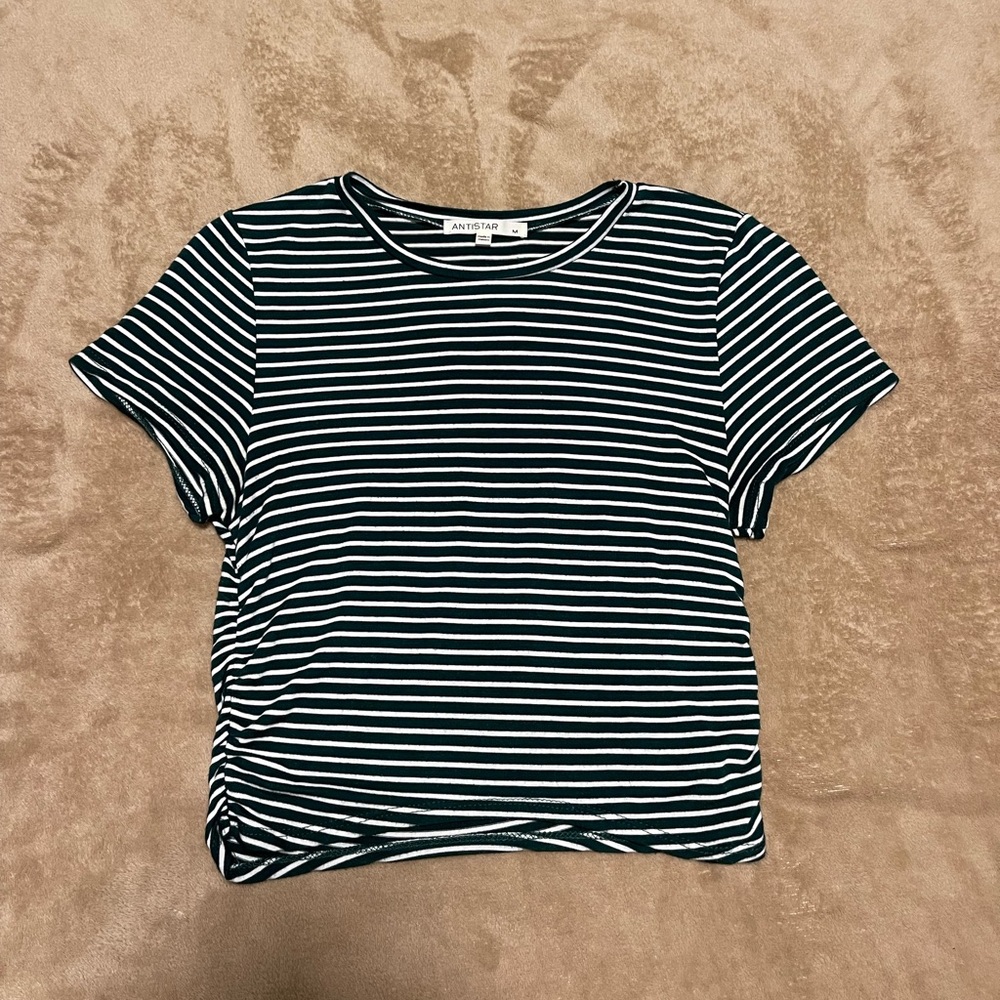 Anistar Forest Green and White Striped Short Sleeve Tee